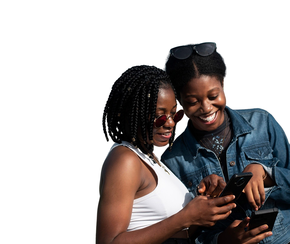 Two friends sharing a Linkvault page on a phone